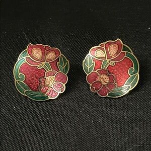 Vintage Cloisonné Pierced Earrings,  Floral Butterfly